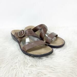 2/$30 Clarks Bendable 10 M Womens Brown Leather Slip On Strappy Slide Sandals